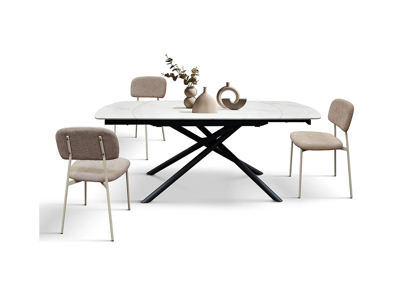 Table en céramique blanche, piètement en métal noir, extensible 120x88-180x88 cm - BONIFACIO
