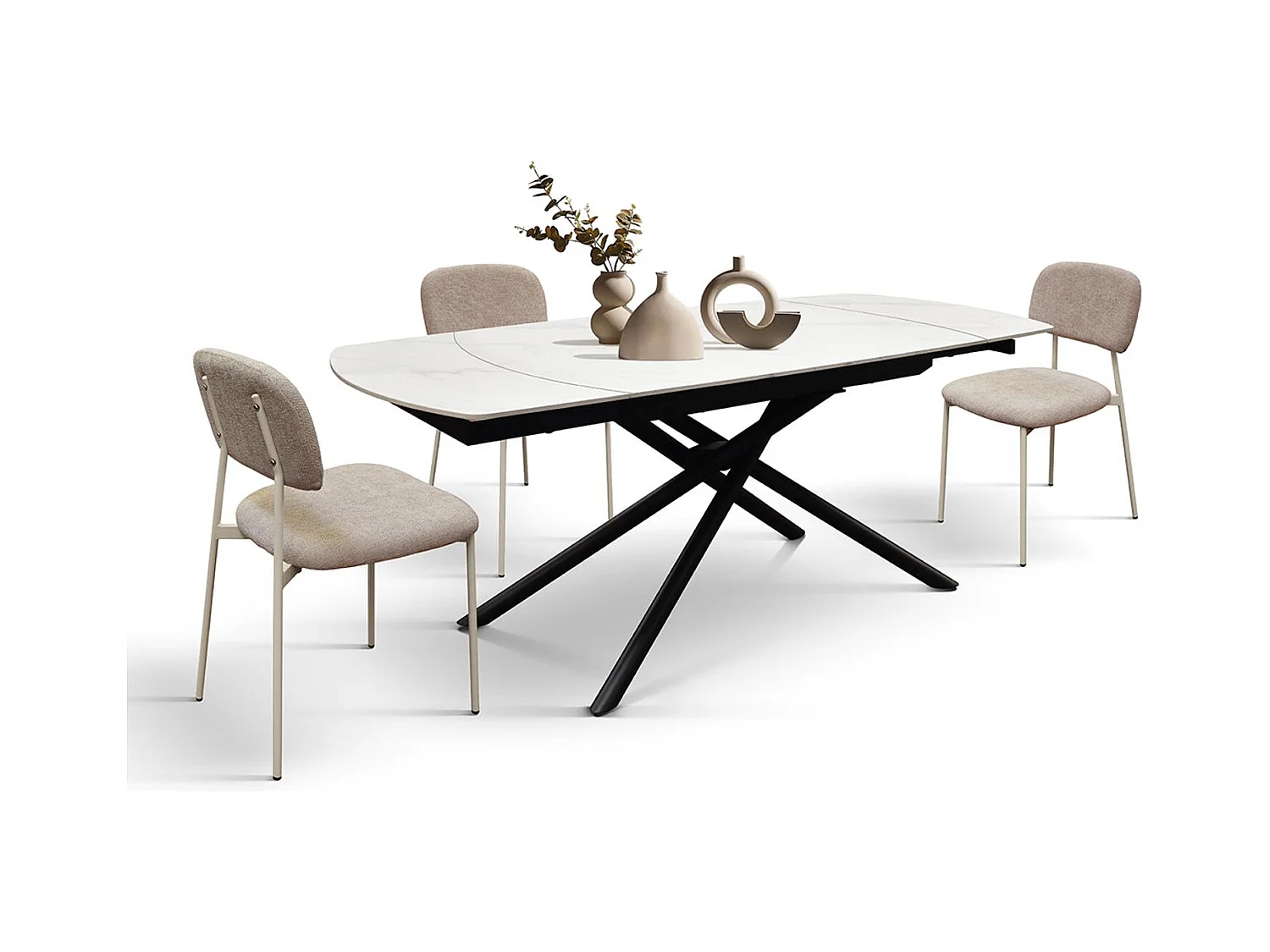 Table en céramique blanche, piètement en métal noir, extensible 120x88-180x88 cm - BONIFACIO
