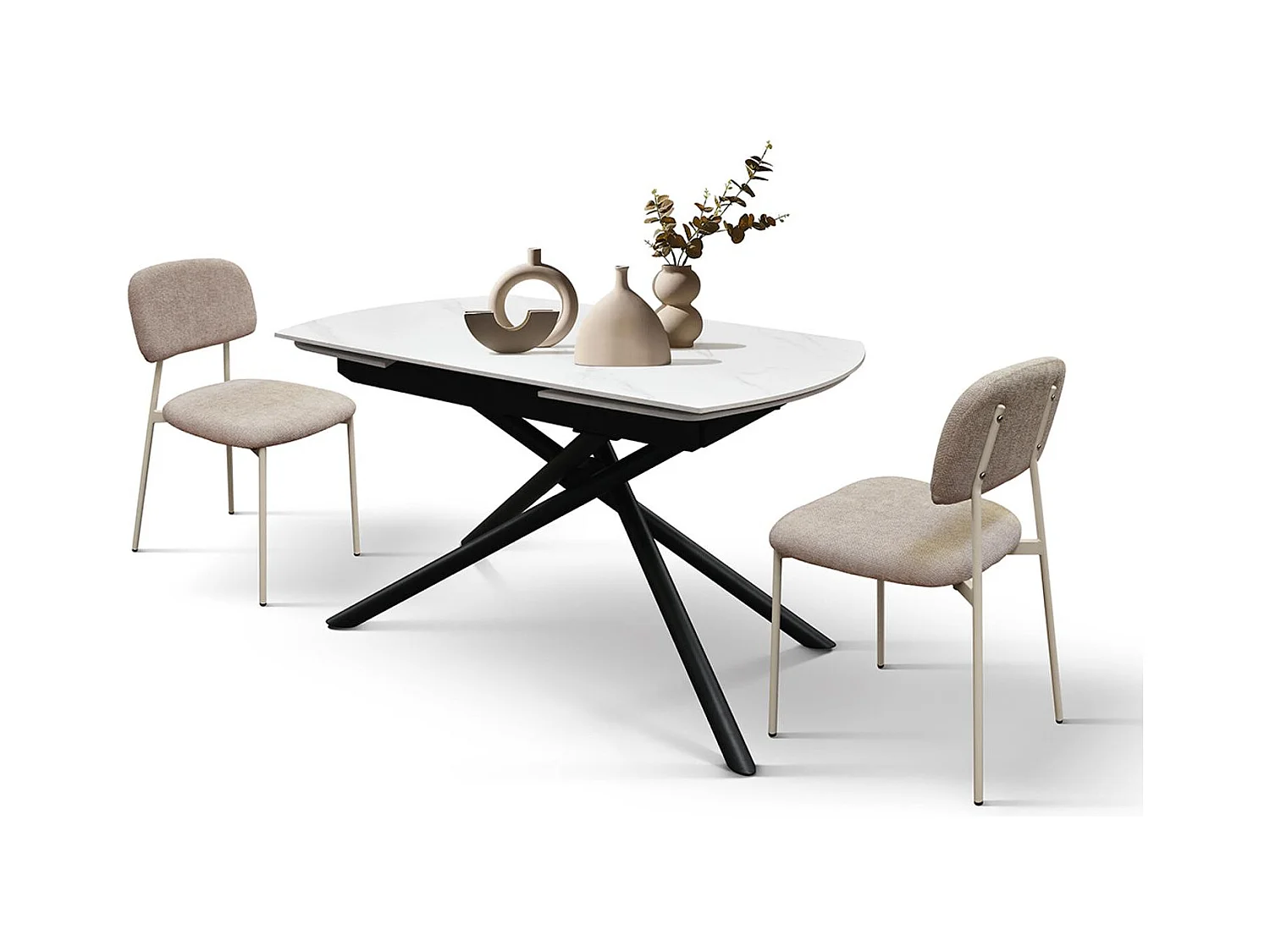 Table en céramique blanche, piètement en métal noir, extensible 120x88-180x88 cm - BONIFACIO