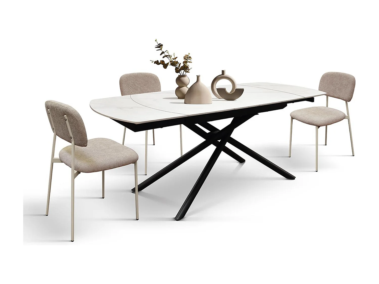 Weißer Keramiktisch, schwarzes Metallgestell, ausziehbar 120x88-180x88 cm – BONIFACIO