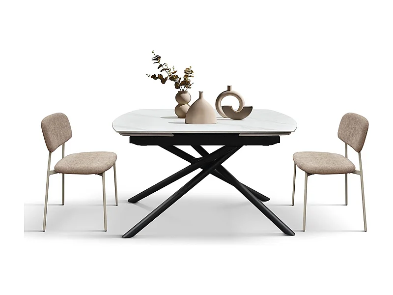 Table en céramique blanche, piètement en métal noir, extensible 120x88-180x88 cm - BONIFACIO