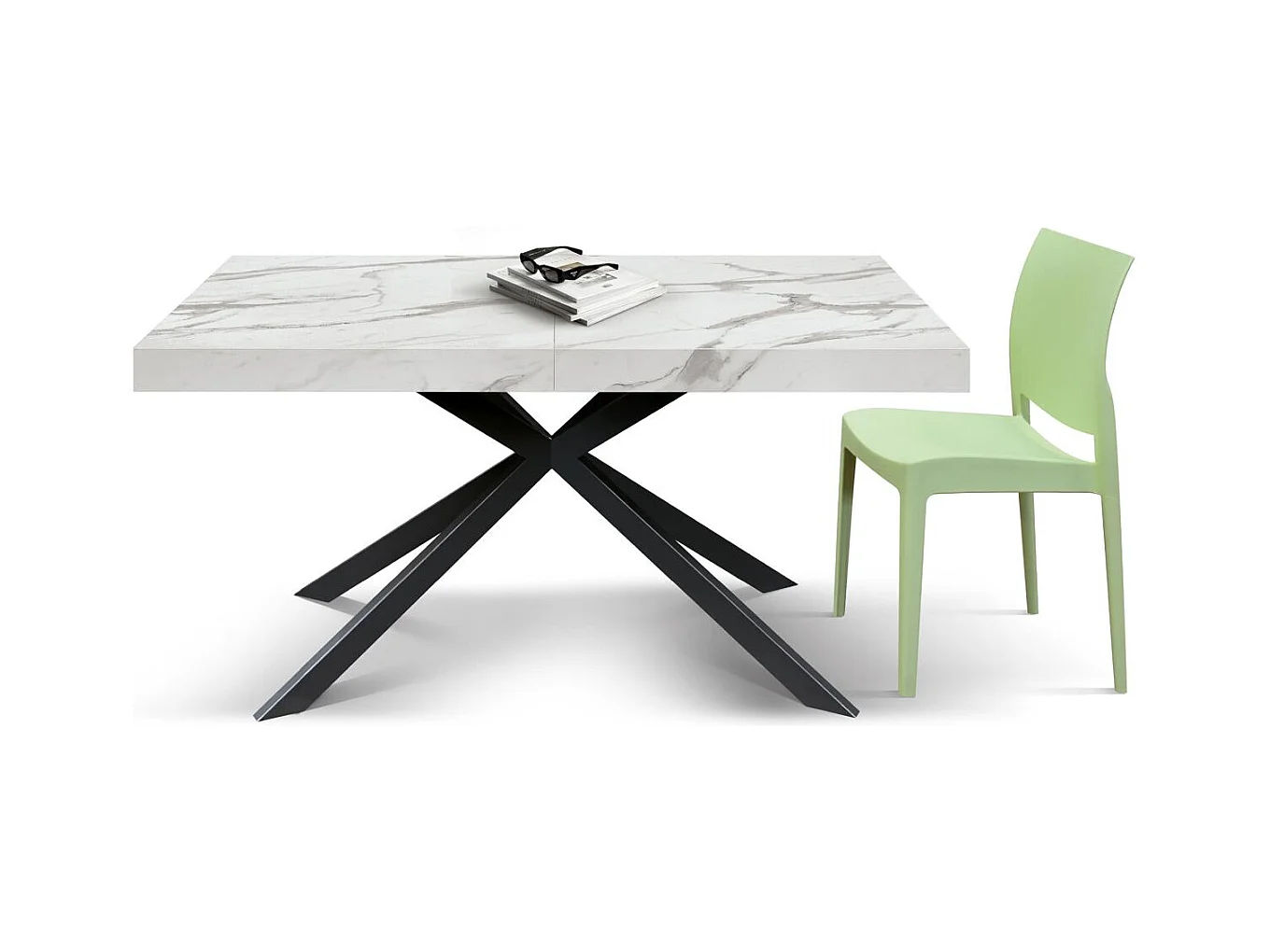 Holztisch, weißes Finish und schwarze X-Beine, ausziehbar 160x90 - 240x90 - CAMAIORE
