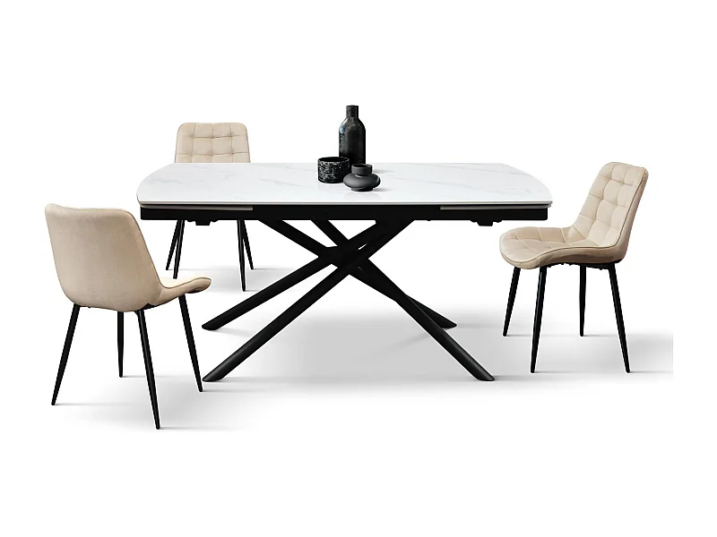 Tavolo in ceramica bianco, base in metallo nero, allungabile 160x90-240x90 cm - BONIFACIO