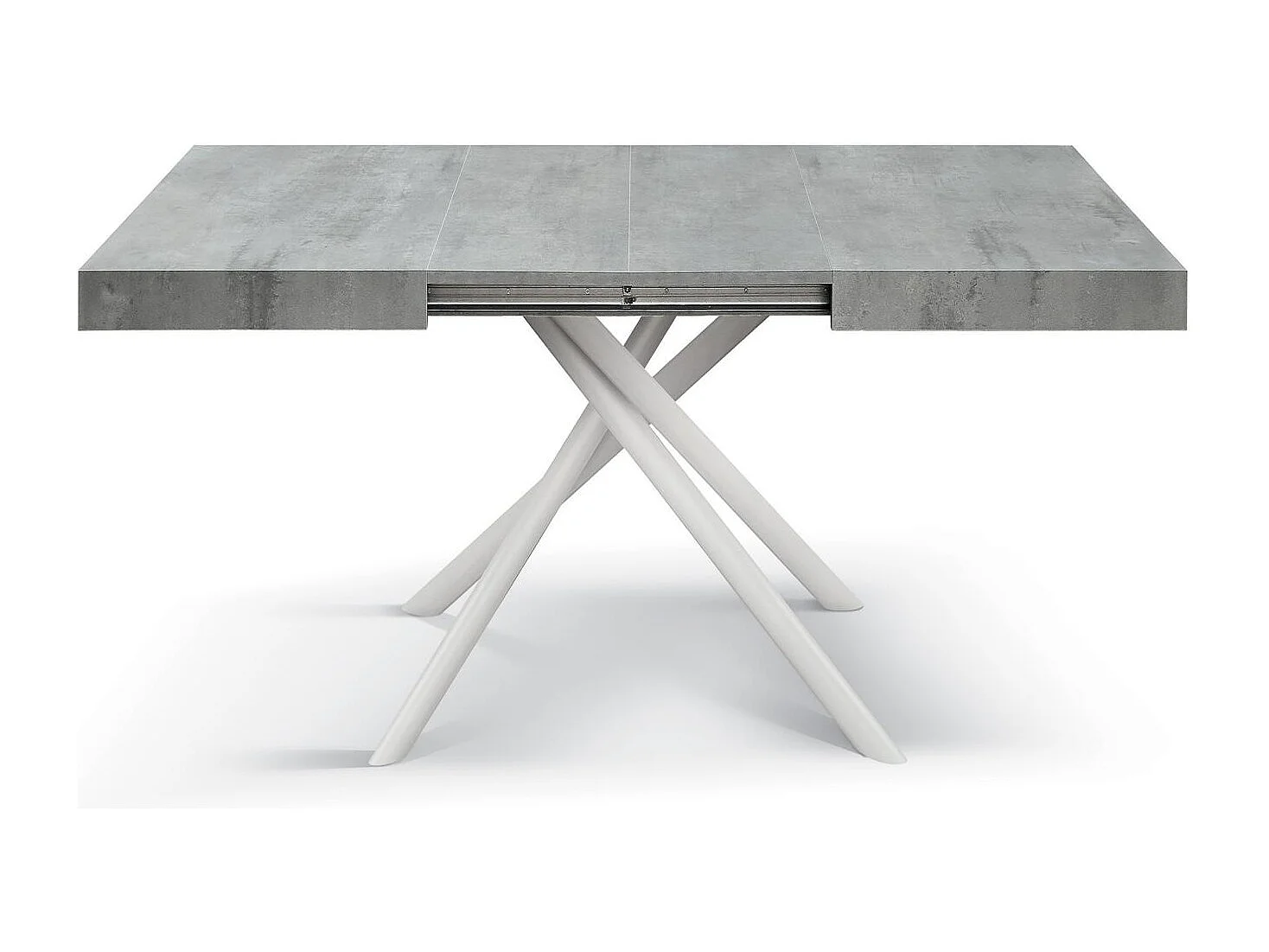 Houten tafel, grijze afwerking, wit gelakte metalen onderstel, 180×90–260×90 - CARRARA
