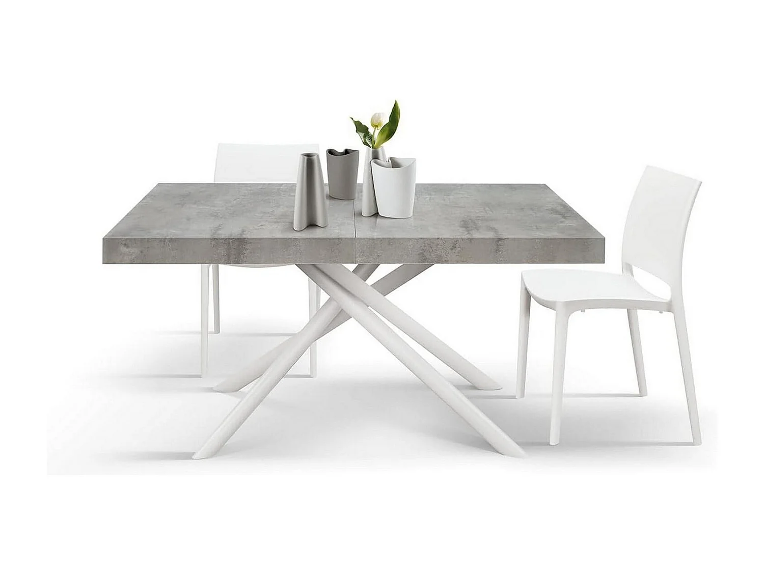 Houten tafel, grijze afwerking, wit gelakte metalen onderstel, 180×90–260×90 - CARRARA