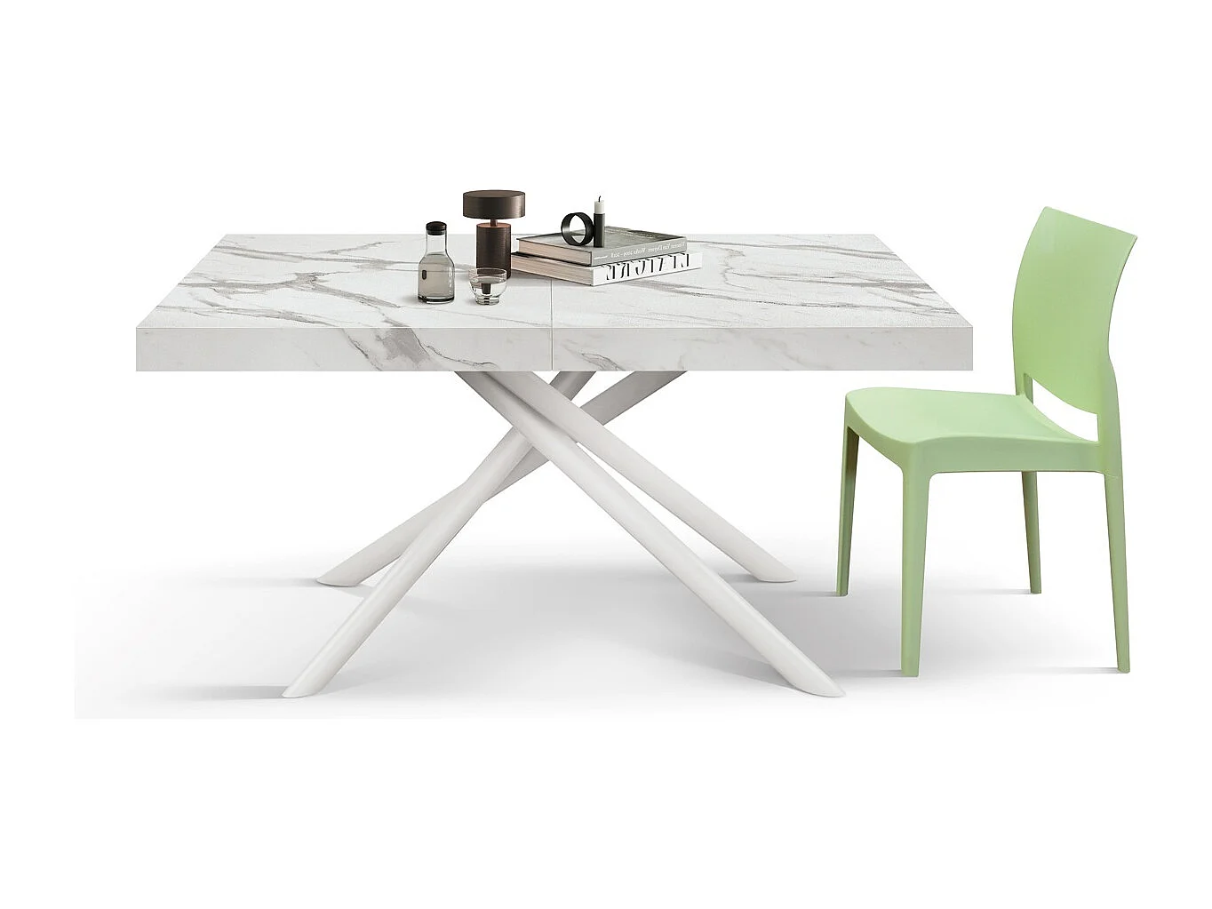 Houten tafel, witte afwerking, witte poten, uitschuifbaar 140x90- 220x90 - CARRARA