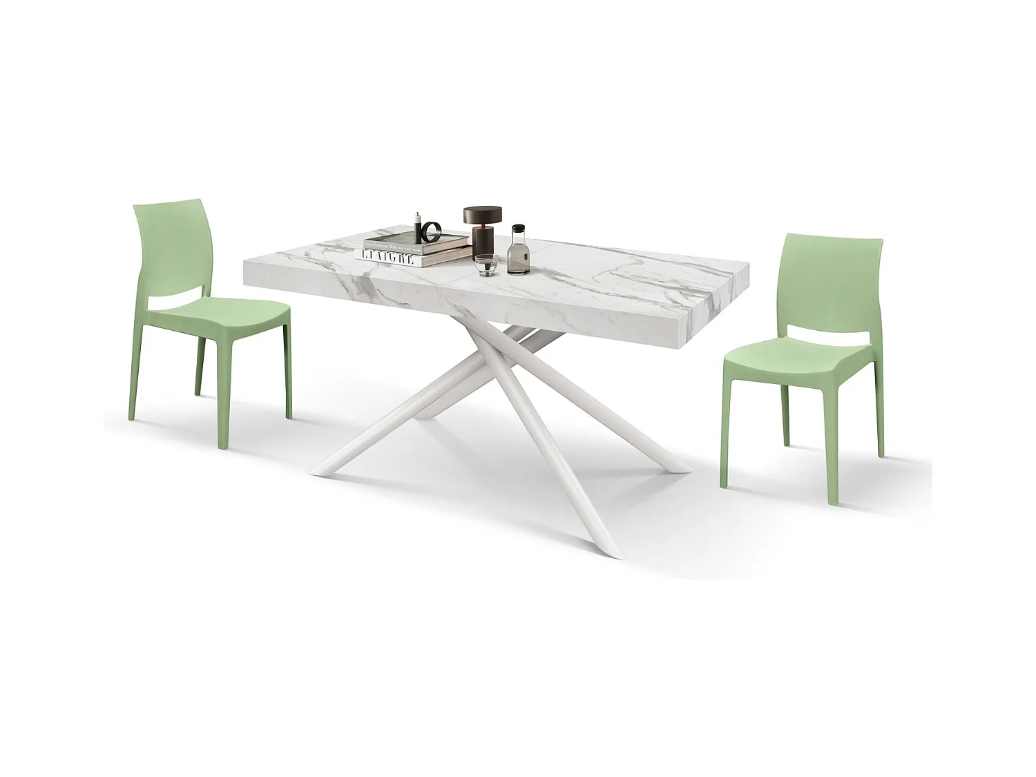 Houten tafel, witte afwerking, witte poten, uitschuifbaar 140x90- 220x90 - CARRARA