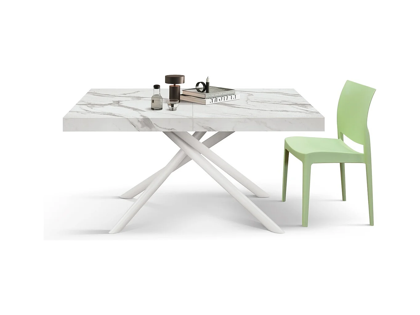 Table en bois, finition blanche, pieds blancs, extensible 140x90- 220x90 - CARRARA