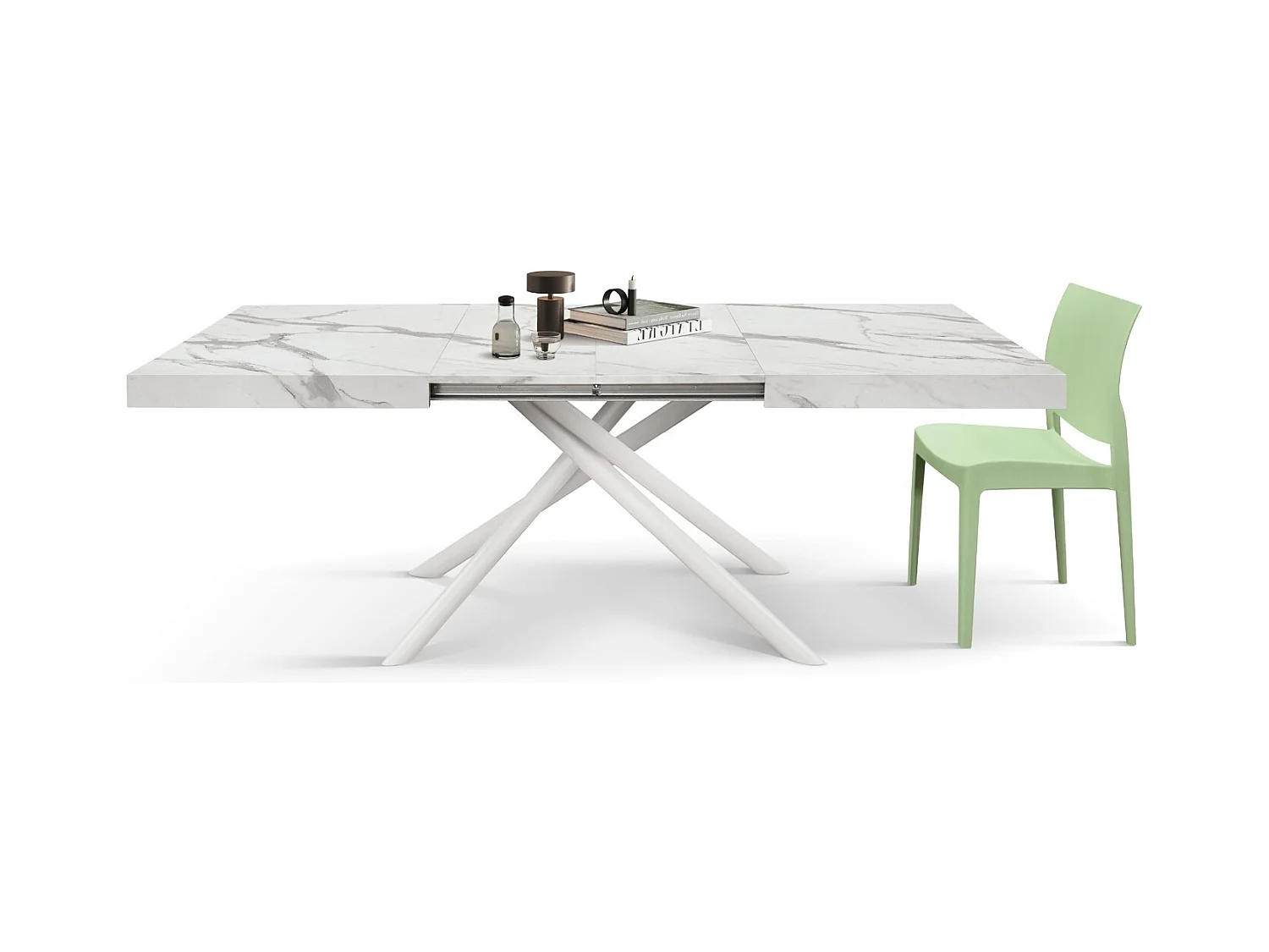 Table en bois, finition blanche, pieds blancs, extensible 140x90- 220x90 - CARRARA