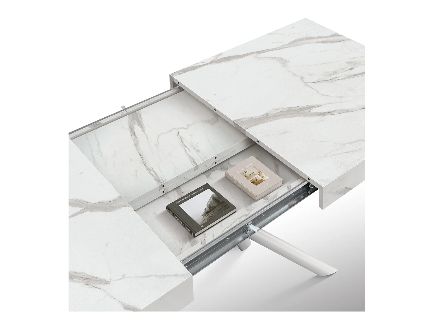 Table en bois, finition blanche, pieds blancs, extensible 140x90- 220x90 - CARRARA