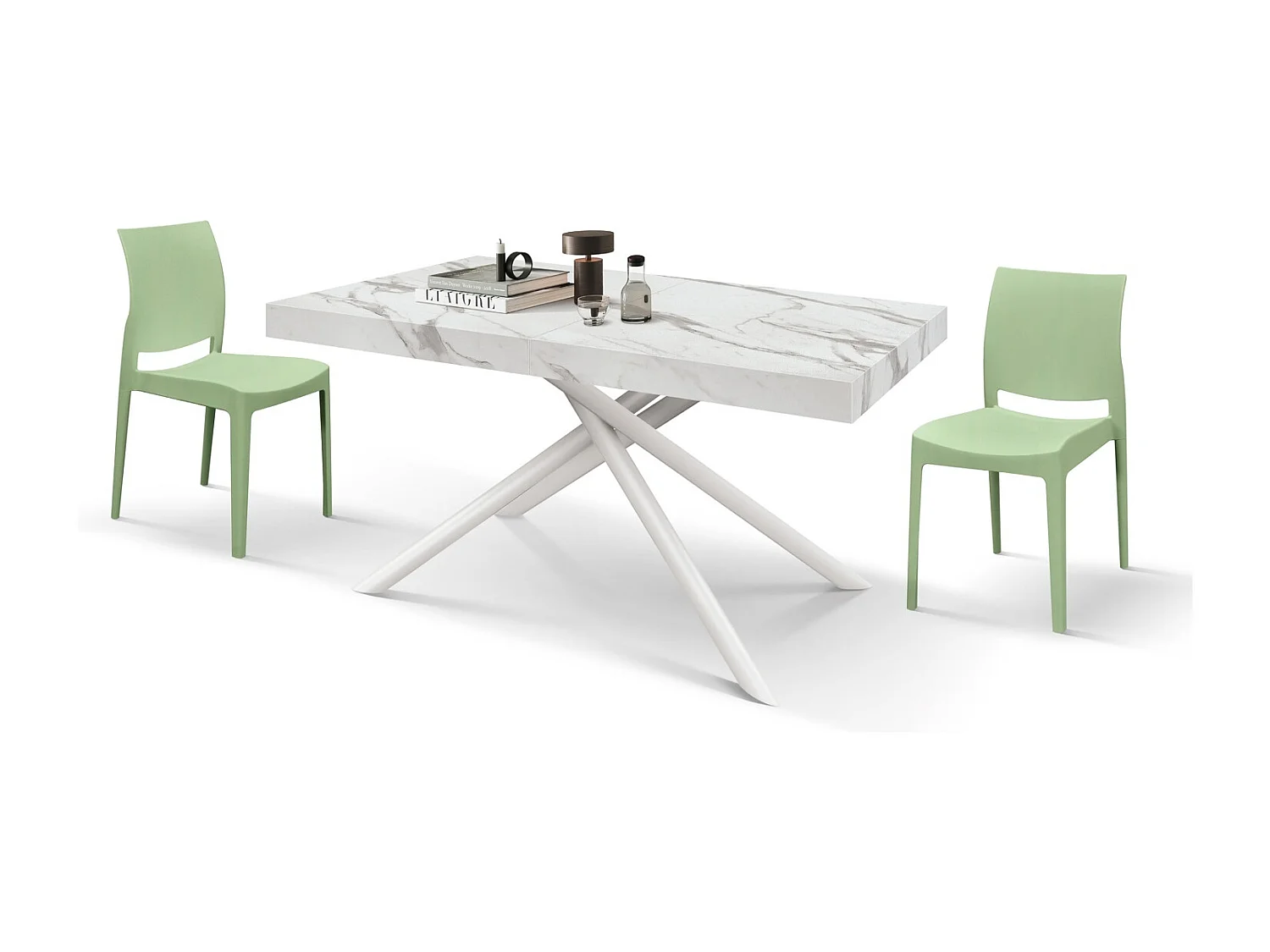 Table en bois, finition blanche, pieds blancs, extensible 140x90- 220x90 - CARRARA