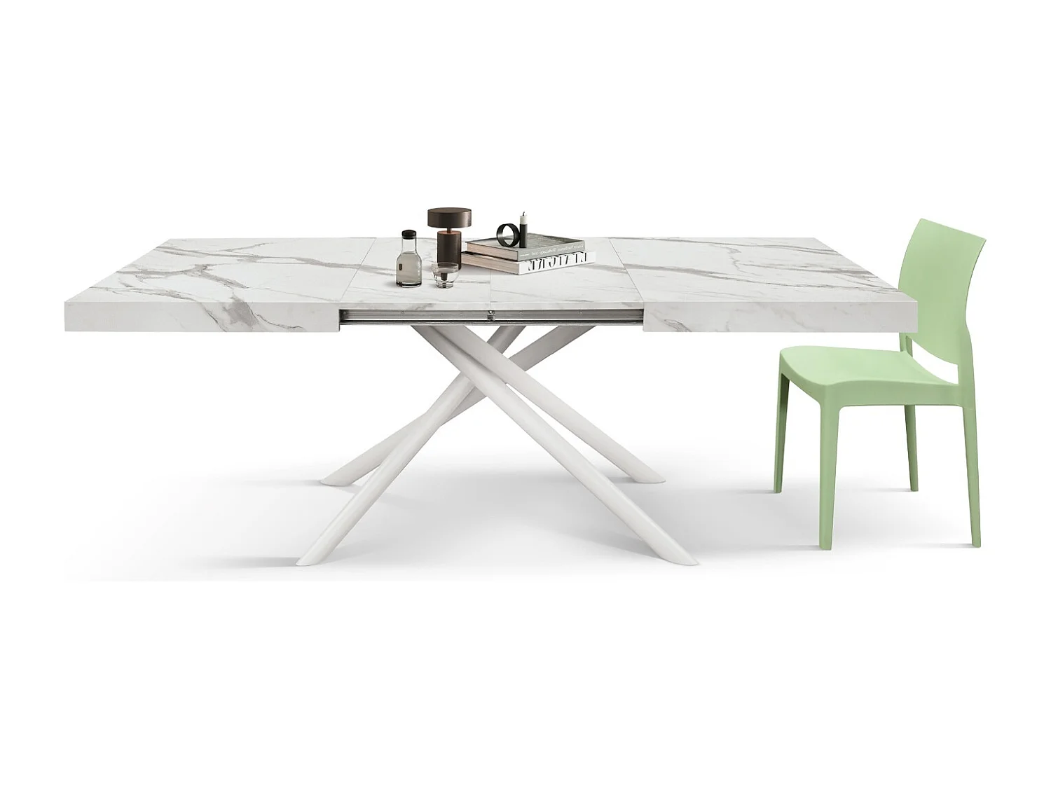 Table en bois, finition blanche, pieds blancs, extensible 140x90- 220x90 - CARRARA