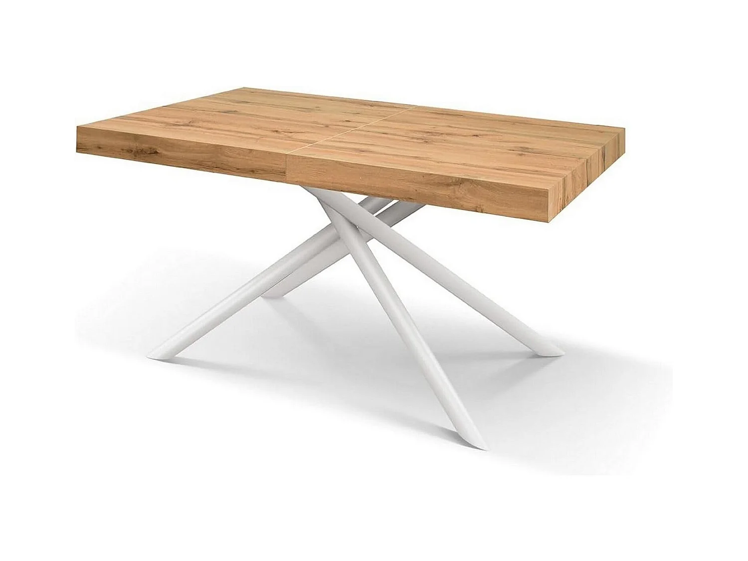 Mesa em madeira, acabamento em carvalho, base em metal pintado de branco, 180×90–260×90 - CARRARA