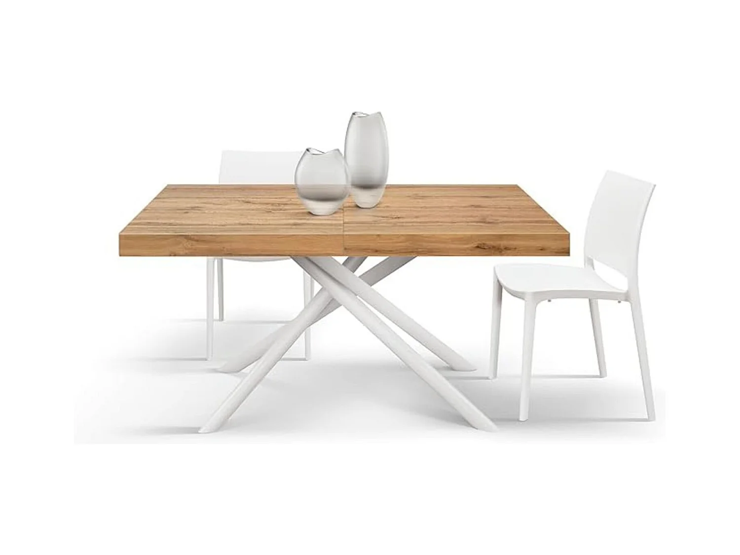 Mesa em madeira, acabamento em carvalho, base em metal pintado de branco, 180×90–260×90 - CARRARA