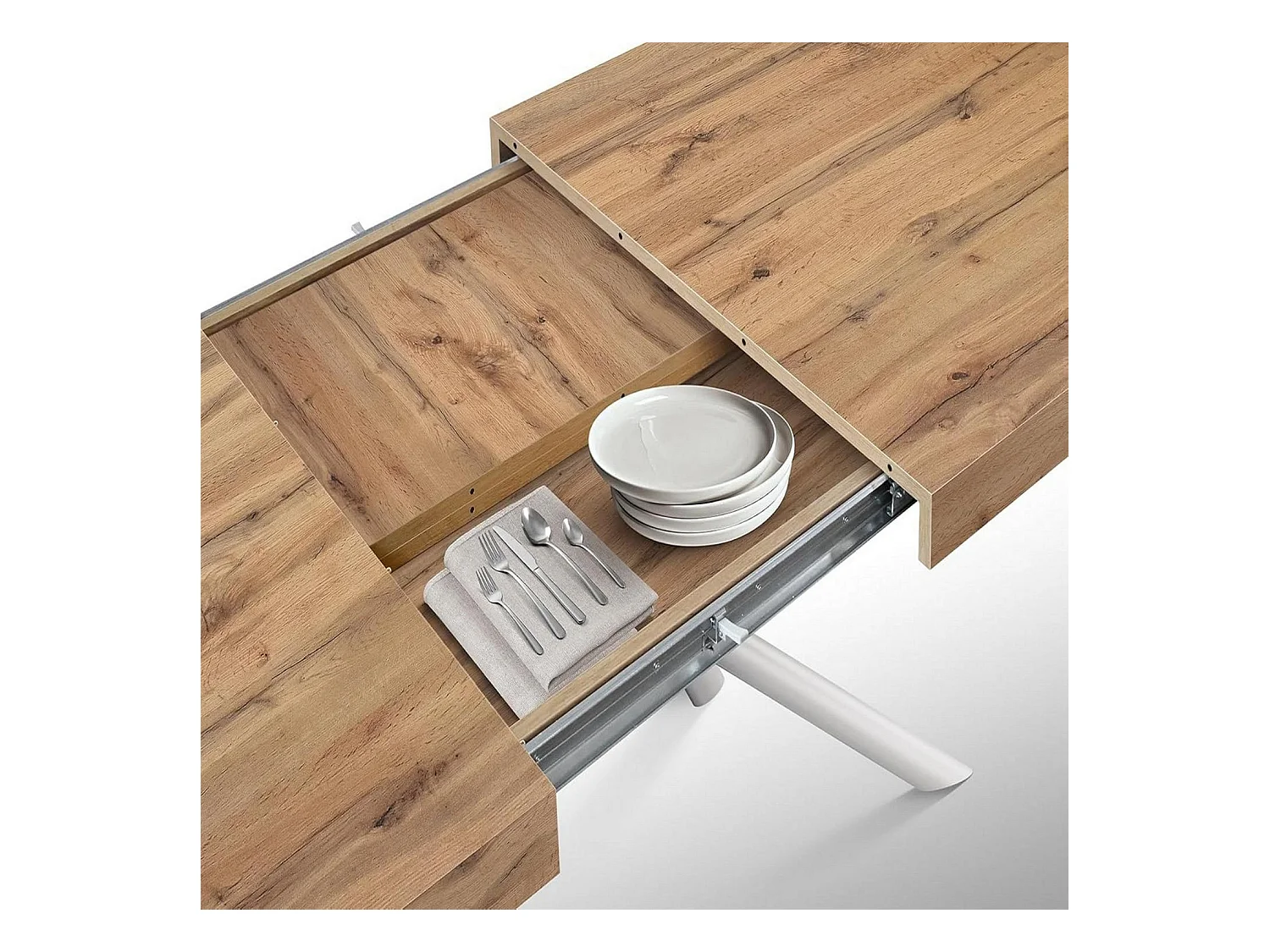 Mesa em madeira, acabamento em carvalho, base em metal pintado de branco, 180×90–260×90 - CARRARA