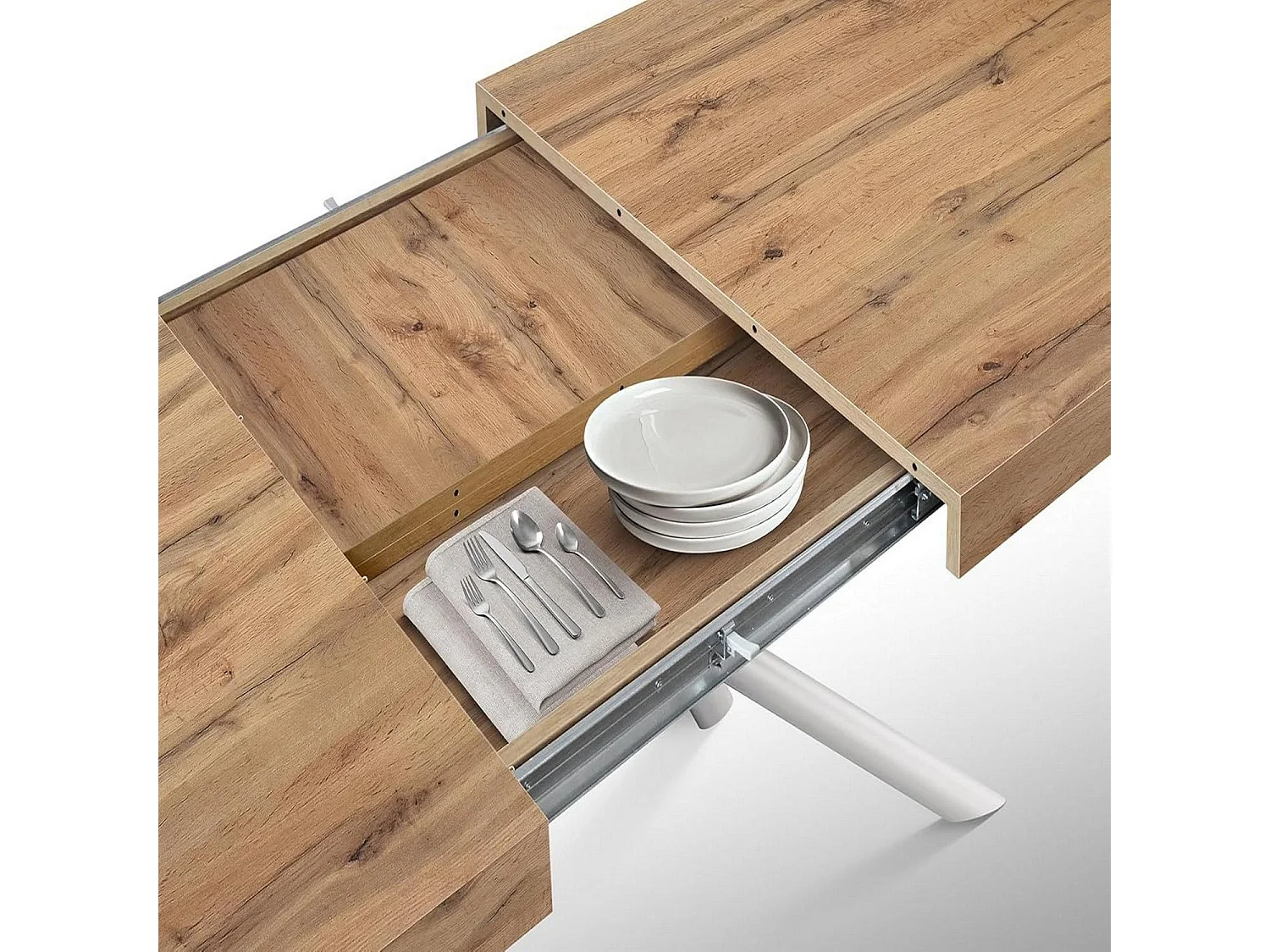 Tavolo in legno, finitura rovere, base metallo verniciato bianco, 180×90–260×90 - CARRARA