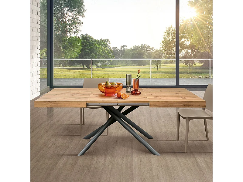 Table en bois, finition chêne, piètement en métal peint en blanc, 180×90–260×90 - CARRARA