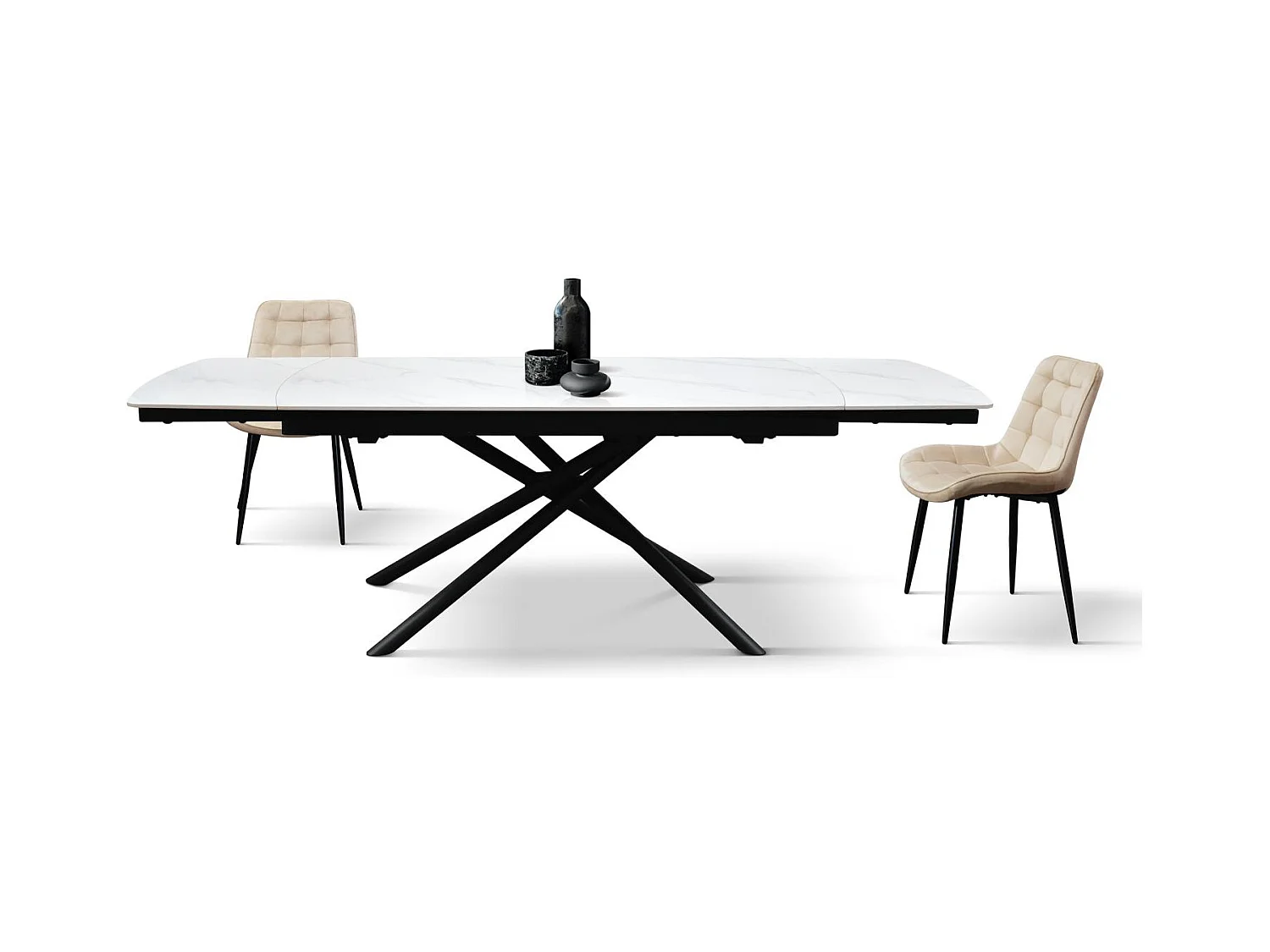 Table en céramique blanche, piètement en métal noir, extensible 140x90-200x90 cm - BONIFACIO