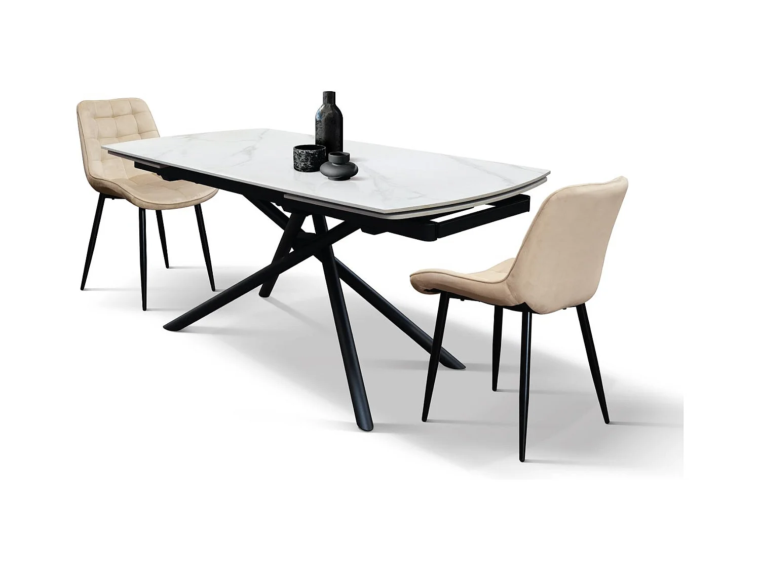 Table en céramique blanche, piètement en métal noir, extensible 140x90-200x90 cm - BONIFACIO