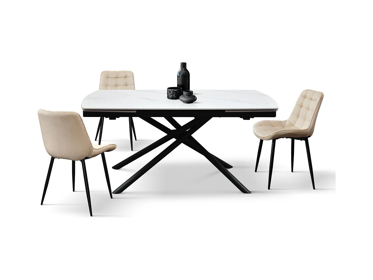 Table en céramique blanche, piètement en métal noir, extensible 140x90-200x90 cm - BONIFACIO