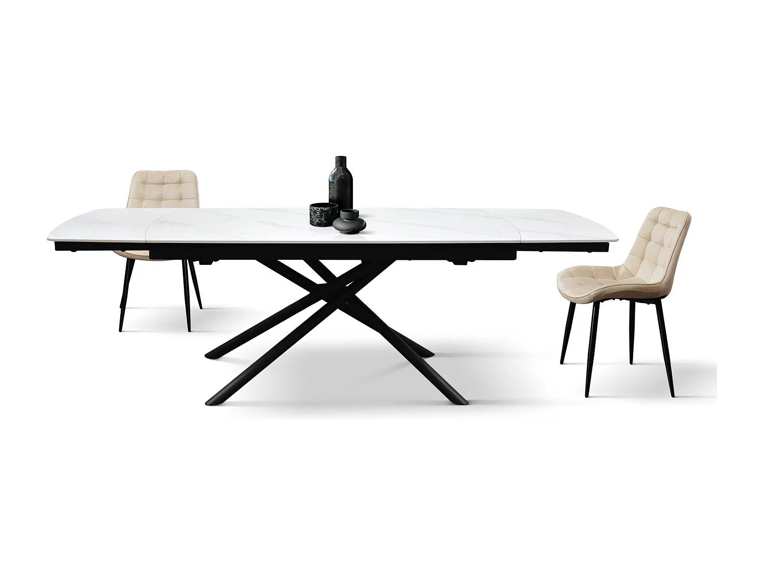 Tavolo in ceramica bianco, base in metallo nero, allungabile 140x90-200x90 cm - BONIFACIO