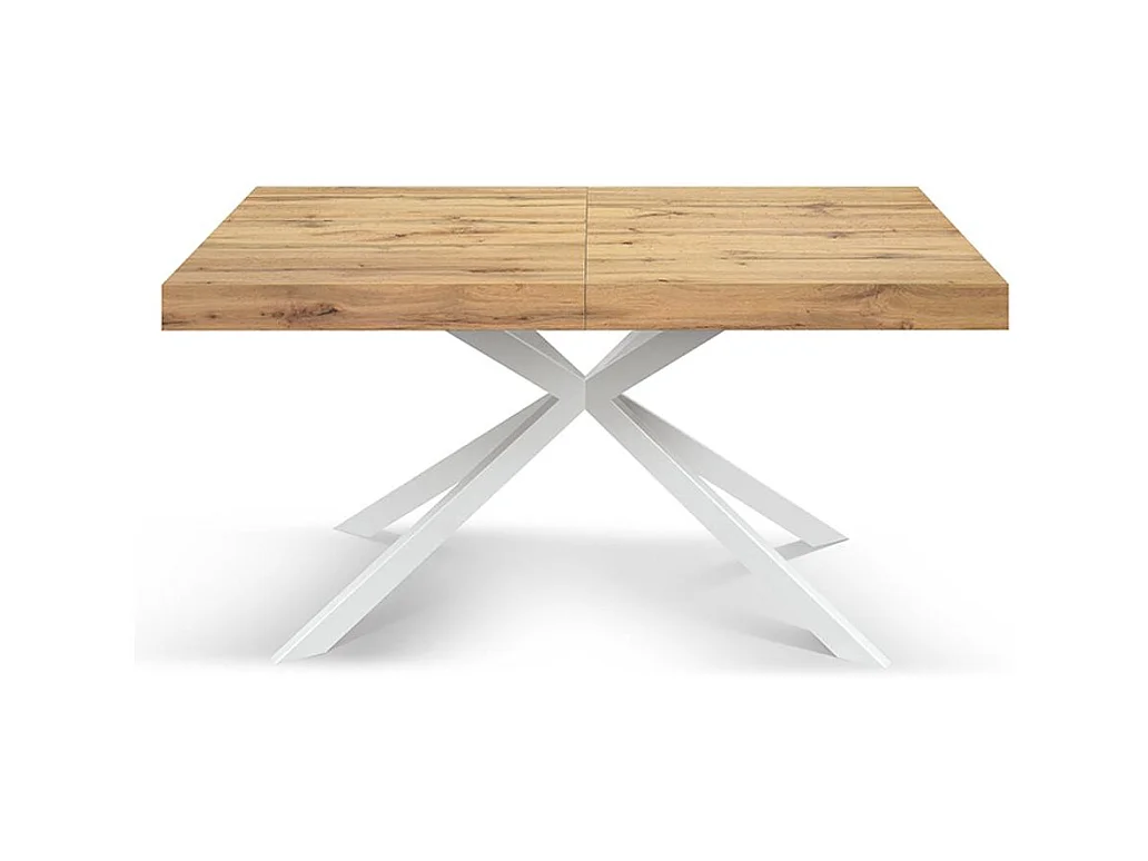 Holztisch, Eichenholzoptik, X-Fußgestell aus weißem Metall, 180×90–260×90 – CAMAIORE