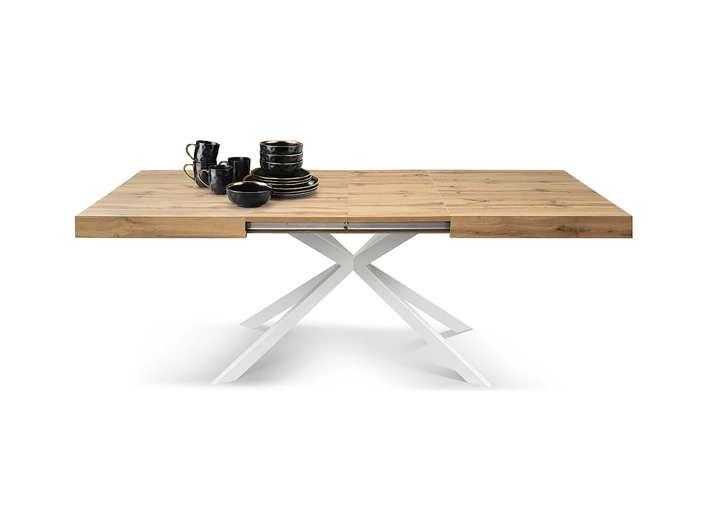 Holztisch, Eichenholzoptik, X-Fußgestell aus weißem Metall, 180×90–260×90 – CAMAIORE