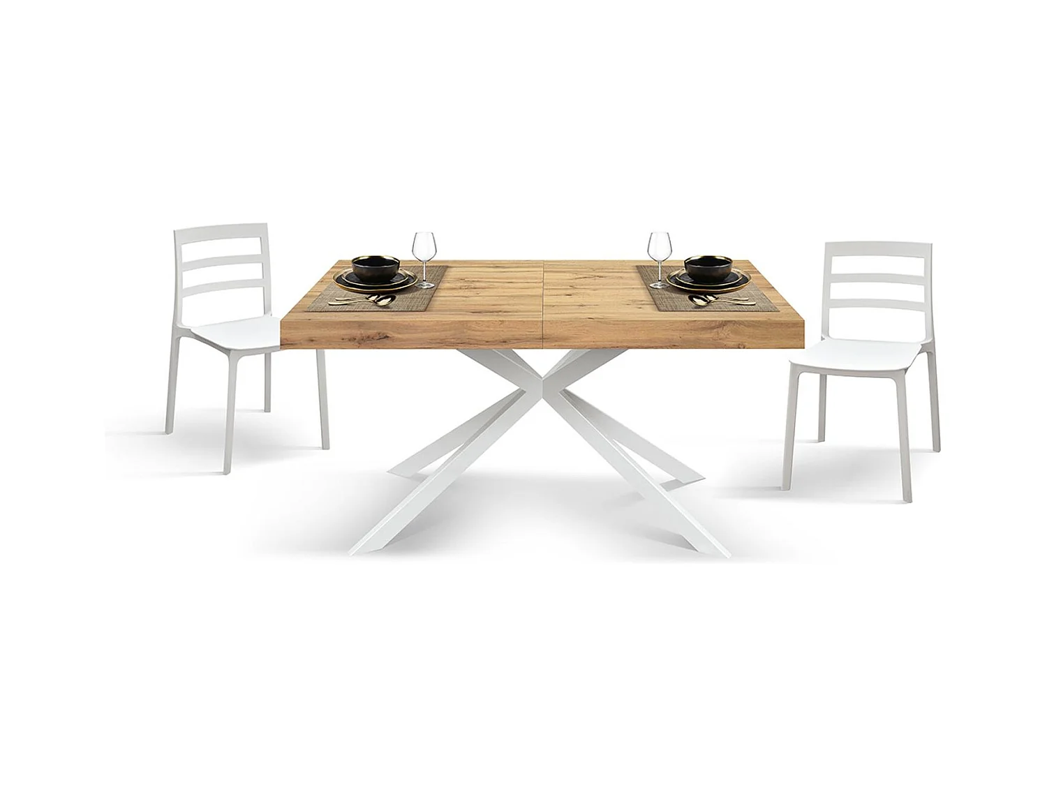 Holztisch, Eichenholzoptik, X-Fußgestell aus weißem Metall, 180×90–260×90 – CAMAIORE
