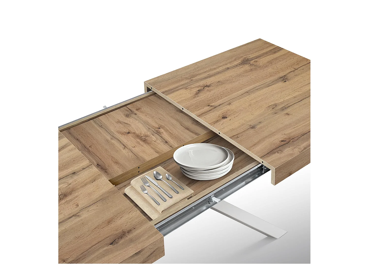 Holztisch, Eichenholzoptik, X-Fußgestell aus weißem Metall, 180×90–260×90 – CAMAIORE