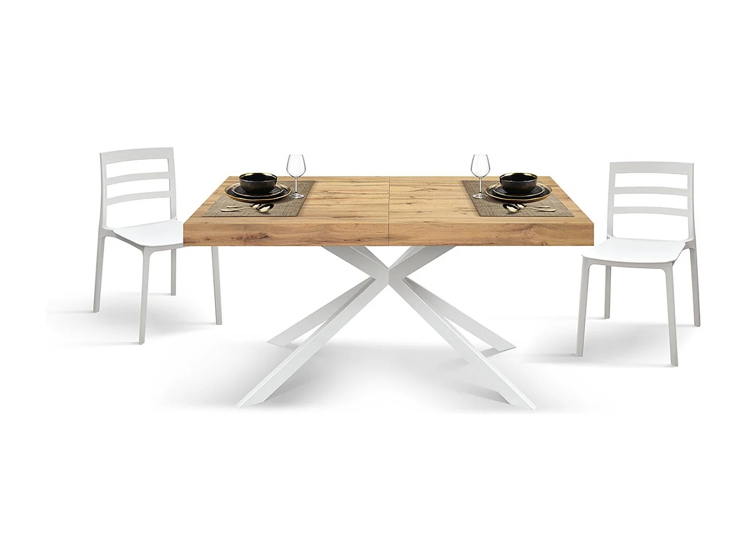 Tavolo in legno, finitura rovere, base a X in metallo bianco, 180×90–260×90 - CAMAIORE