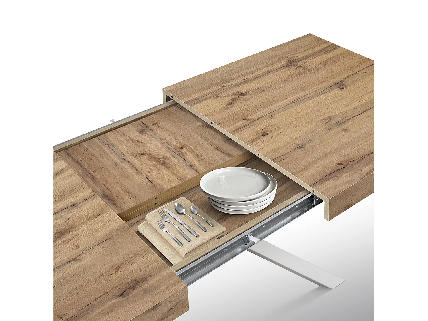 Tavolo in legno, finitura rovere, base a X in metallo bianco, 180×90–260×90 - CAMAIORE