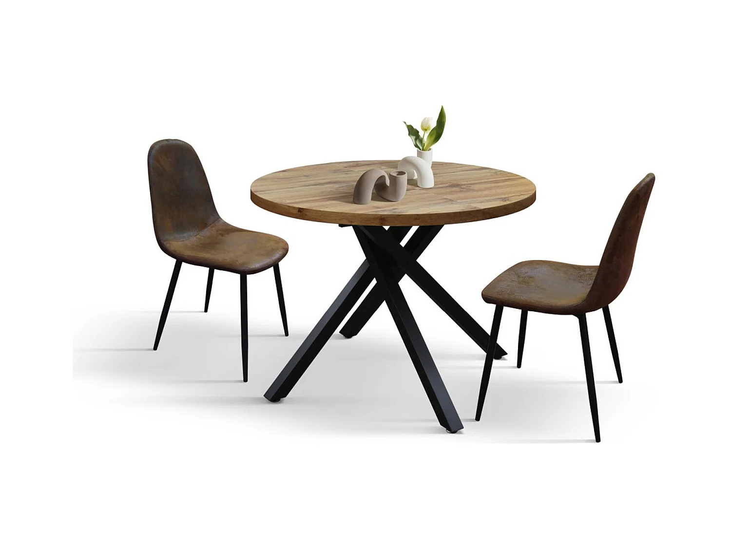 Table ronde en bois, finition chêne, pieds en métal noir, Ø100xH75-140x100x75 - POLA