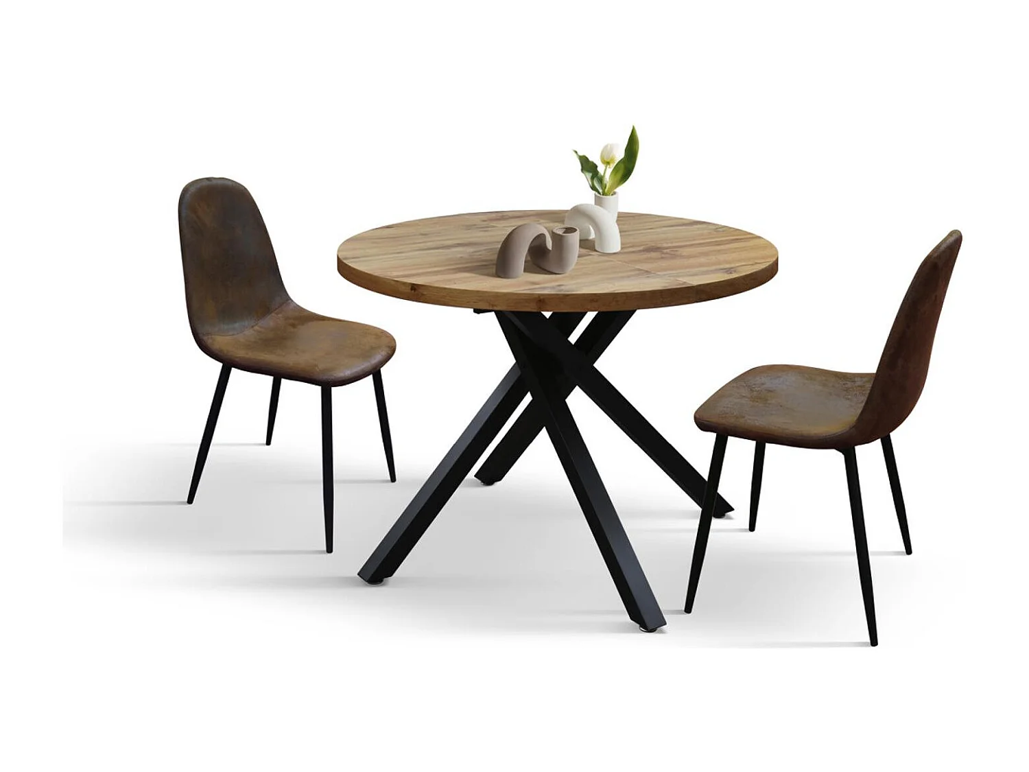 Table ronde en bois, finition chêne, pieds en métal noir, Ø100xH75-140x100x75 - POLA