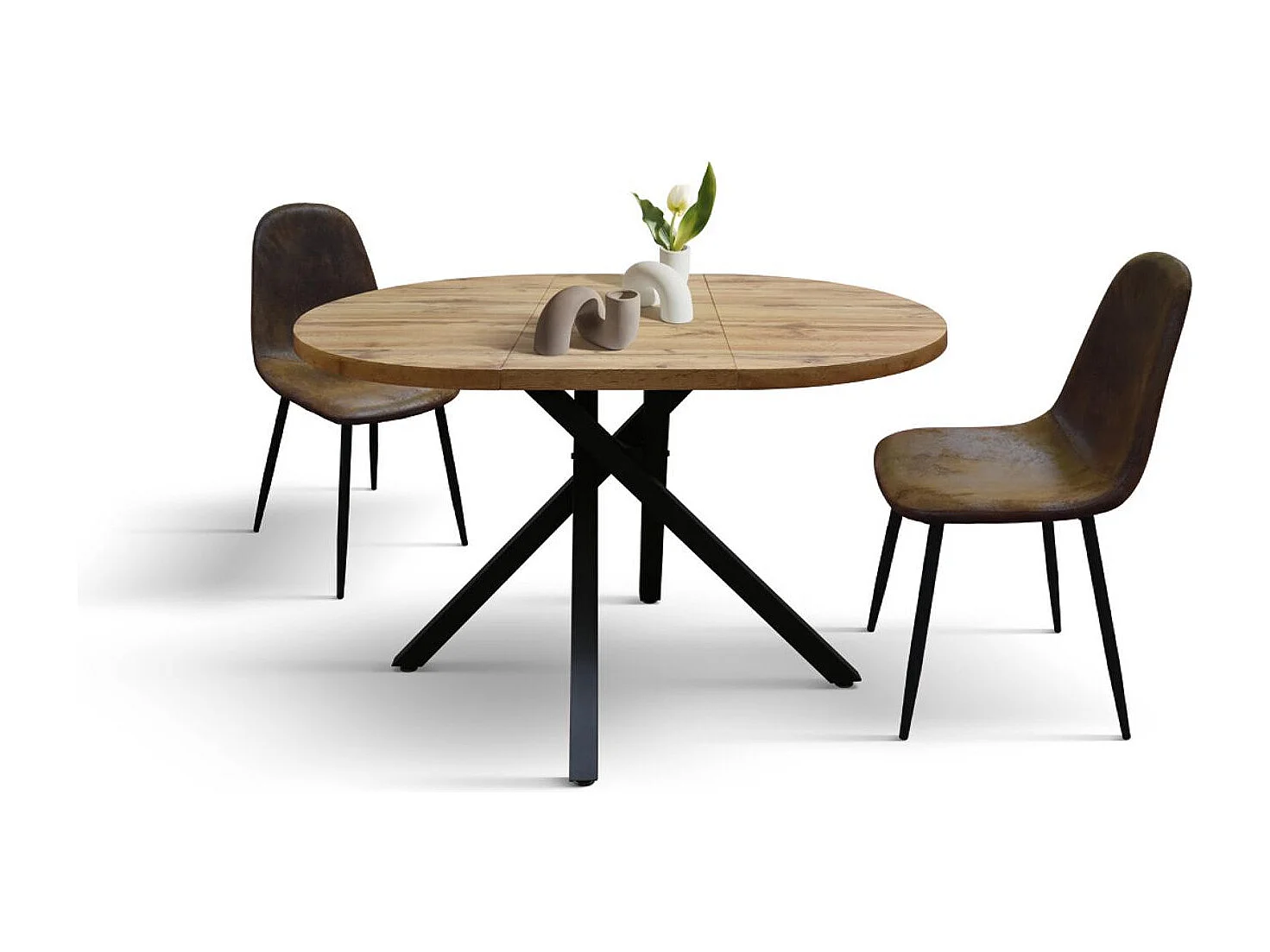 Table ronde en bois, finition chêne, pieds en métal noir, Ø100xH75-140x100x75 - POLA