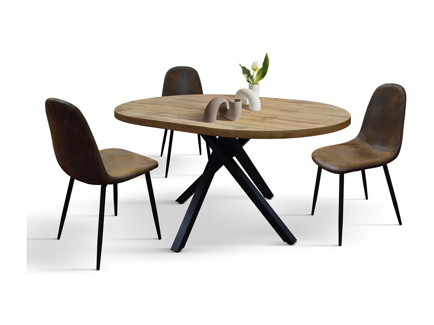 Table ronde en bois, finition chêne, pieds en métal noir, Ø100xH75-140x100x75 - POLA