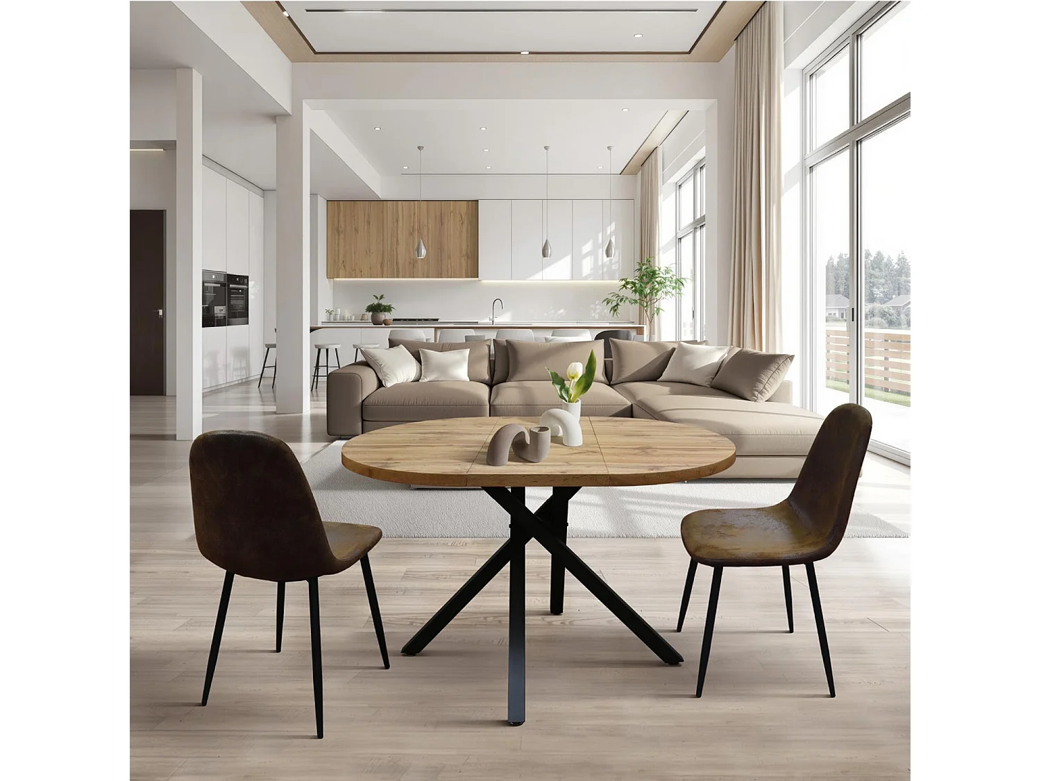 Table ronde en bois, finition chêne, pieds en métal noir, Ø100xH75-140x100x75 - POLA