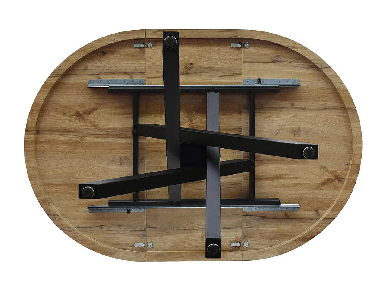 Table ronde en bois, finition chêne, pieds en métal noir, Ø100xH75-140x100x75 - POLA