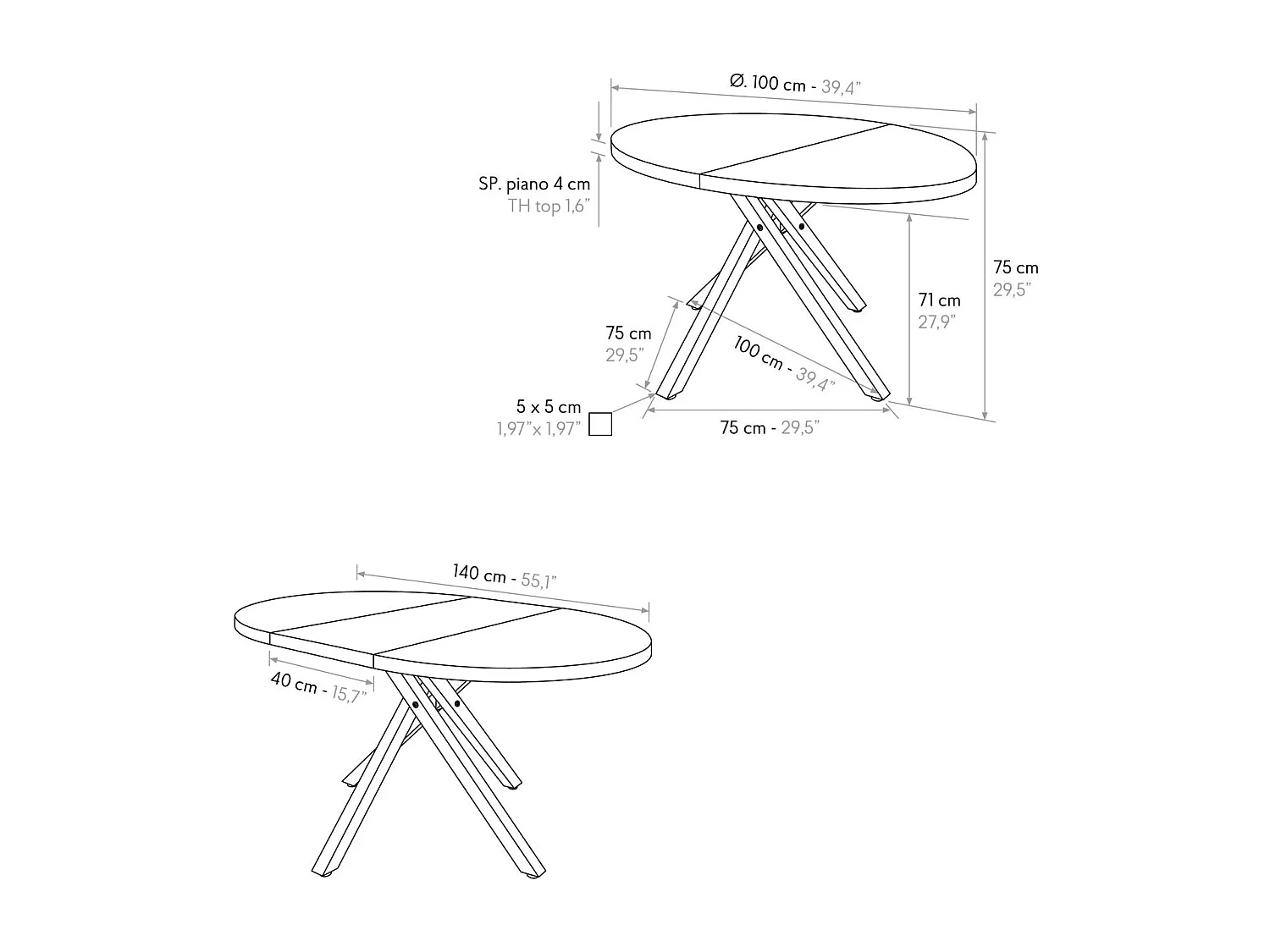 Table ronde en bois, finition chêne, pieds en métal noir, Ø100xH75-140x100x75 - POLA