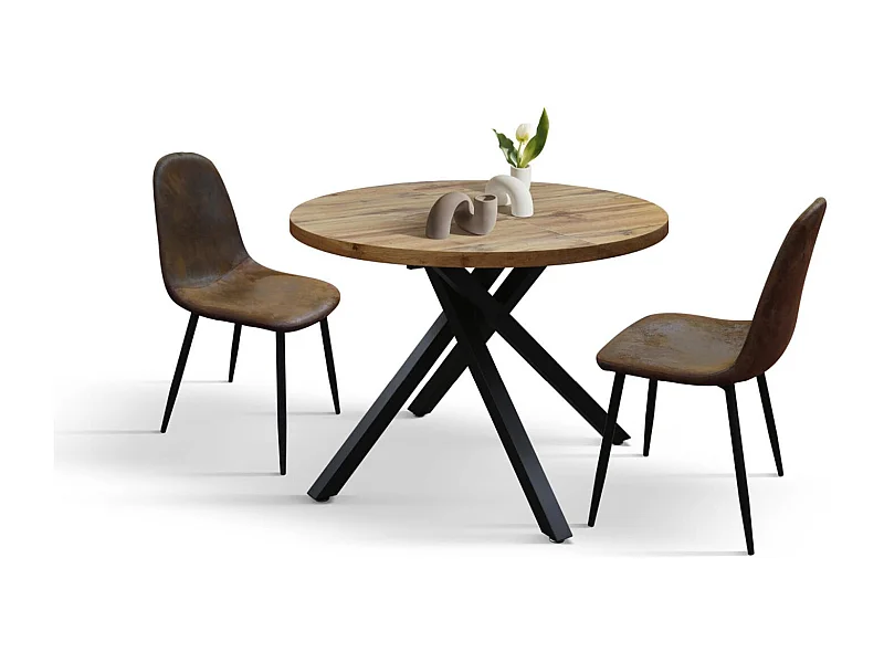 Table ronde en bois, finition chêne, pieds en métal noir, Ø100xH75-140x100x75 - POLA