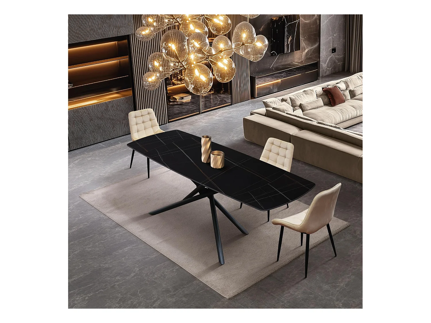 Mesa de cerámica negra, base de metal negro, extensible 160x90 - 240x90 cm - BONIFACIO