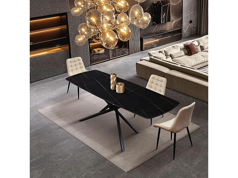 Table en céramique noire, piètement en métal noir, extensible 160x90 - 240x90 cm - BONIFACIO