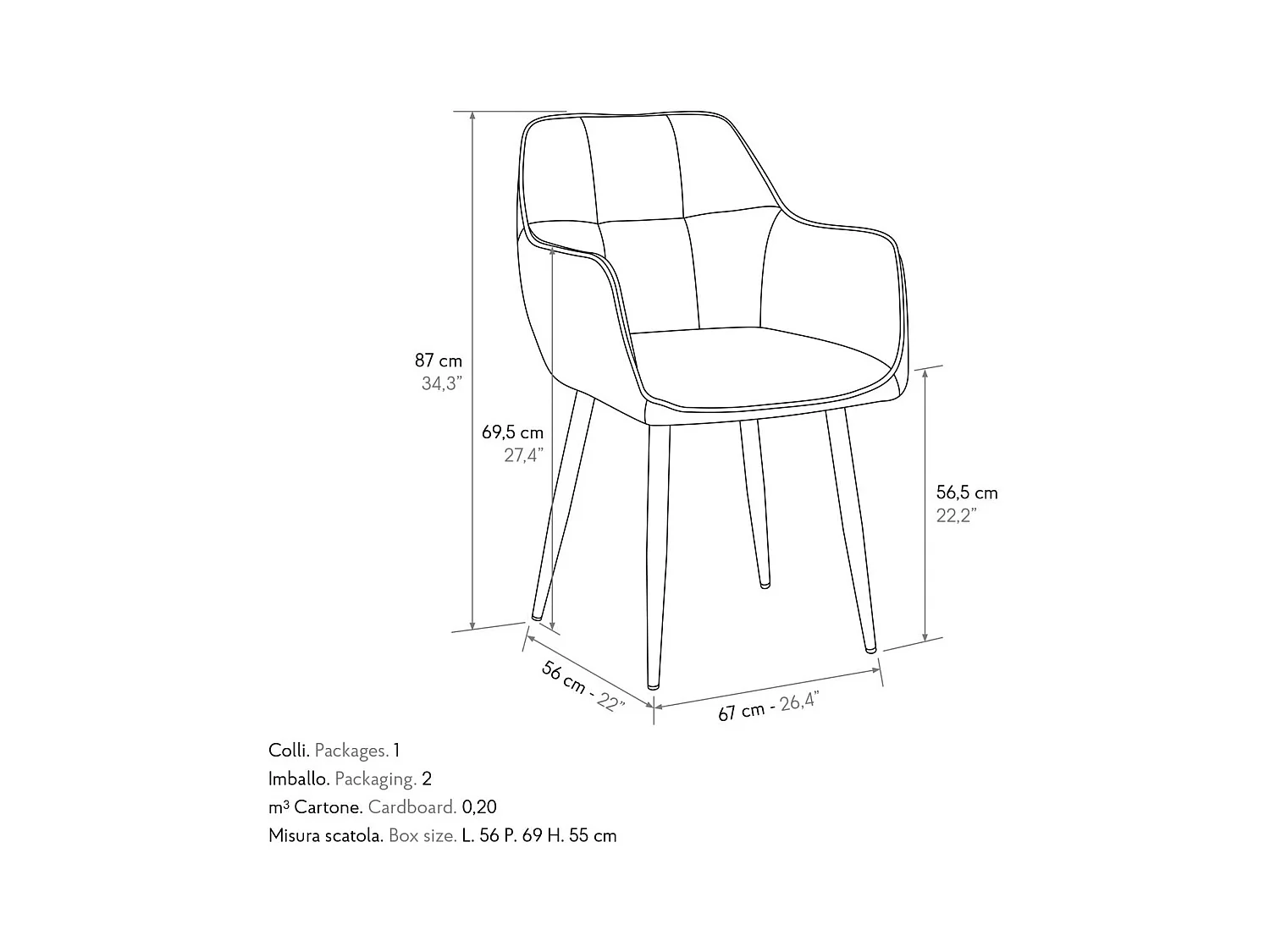 Lot de 2 chaises en simili cuir marron et pieds en métal noir, avec accoudoirs - PARIGI