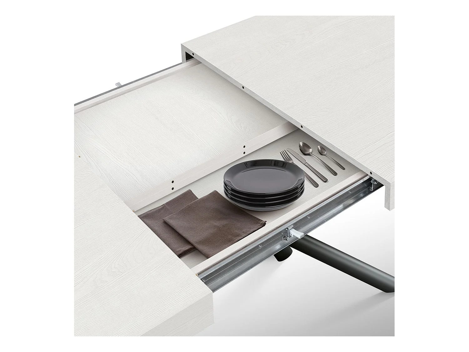 Mesa de madera, acabado blanco, base de metal antracita, 180×90–260×90 cm - CARRARA