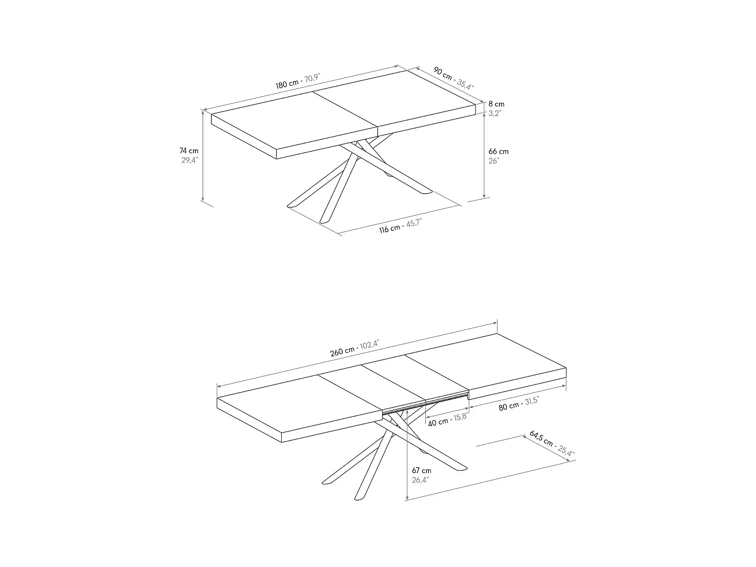 Mesa de madera, acabado blanco, base de metal antracita, 180×90–260×90 cm - CARRARA