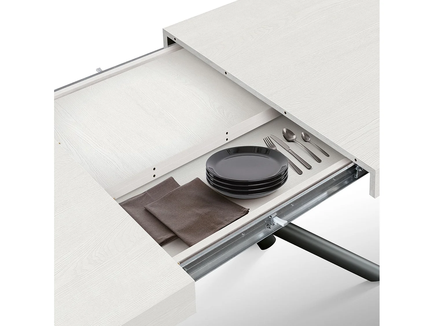 Holztisch, weiß lackiert, Untergestell aus anthrazitfarbenem Metall, 180×90–260×90 cm – CARRARA