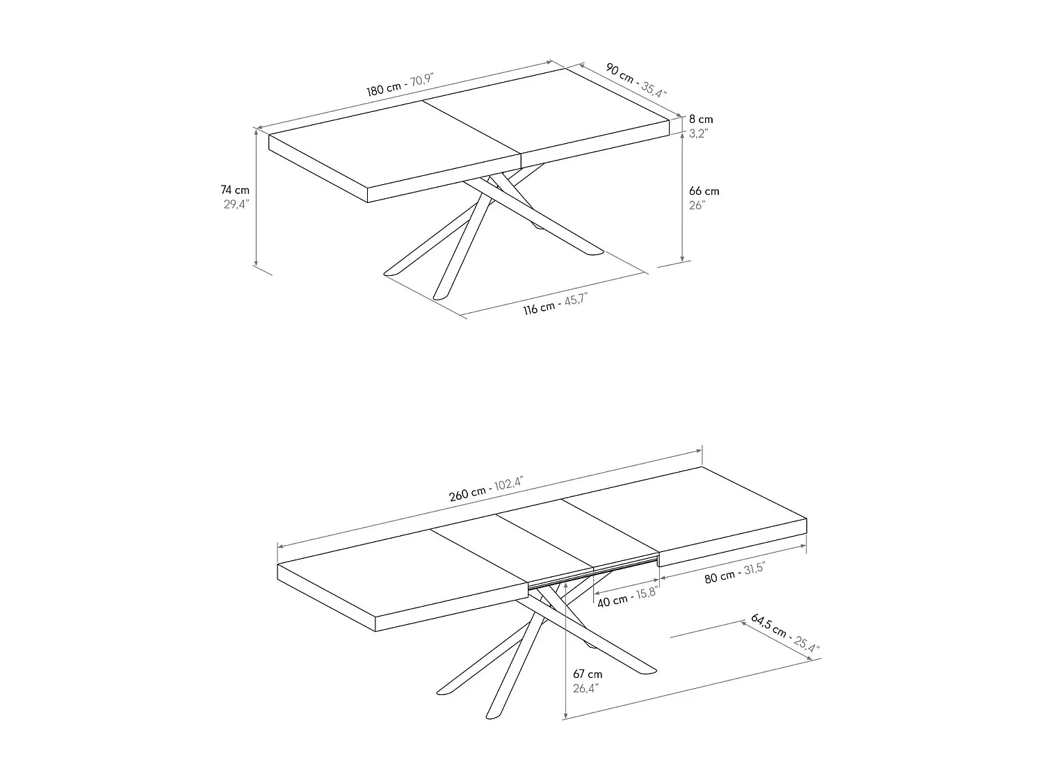 Holztisch, weiß lackiert, Untergestell aus anthrazitfarbenem Metall, 180×90–260×90 cm – CARRARA