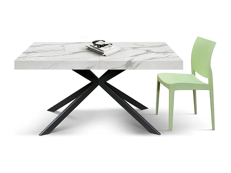 Holztisch, weißes Finish und schwarze X-Beine, ausziehbar 140x90 - 220x90 - CAMAIORE