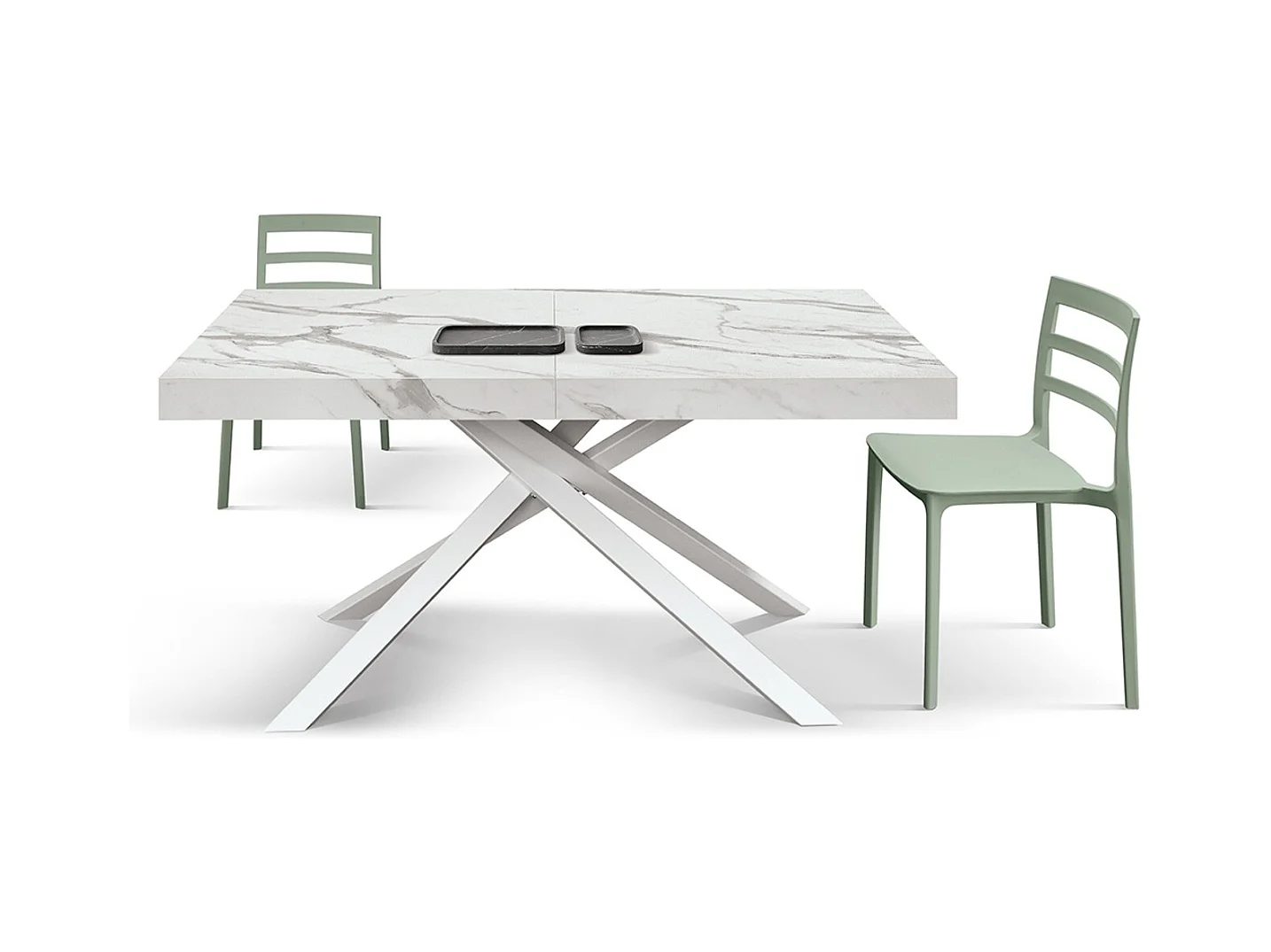 Stół drewniany, białe wykończenie, biała podstawa, rozkładany 140x90-220x90 - FORTE DEI MARMI