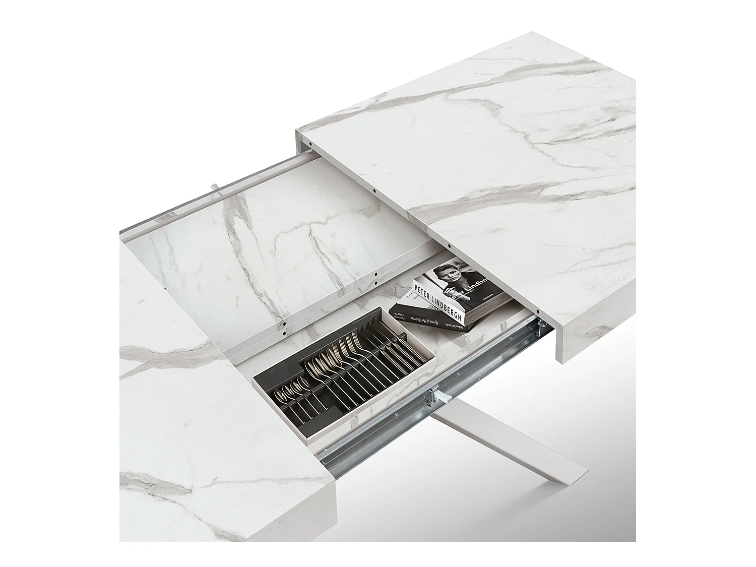 Table en bois, finition blanche, base blanche, extensible 140x90-220x90 - FORTE DEI MARMI