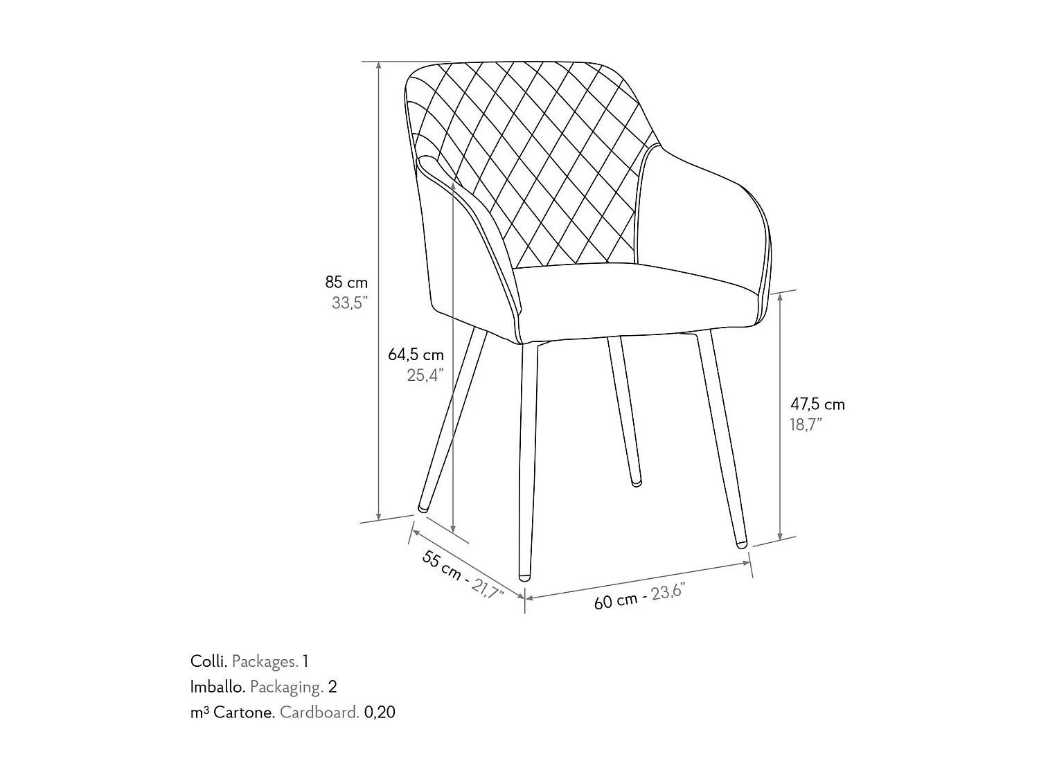 Ensemble de 2 chaises en tissu gris et pieds en métal noir, avec accoudoirs - LISBONA
